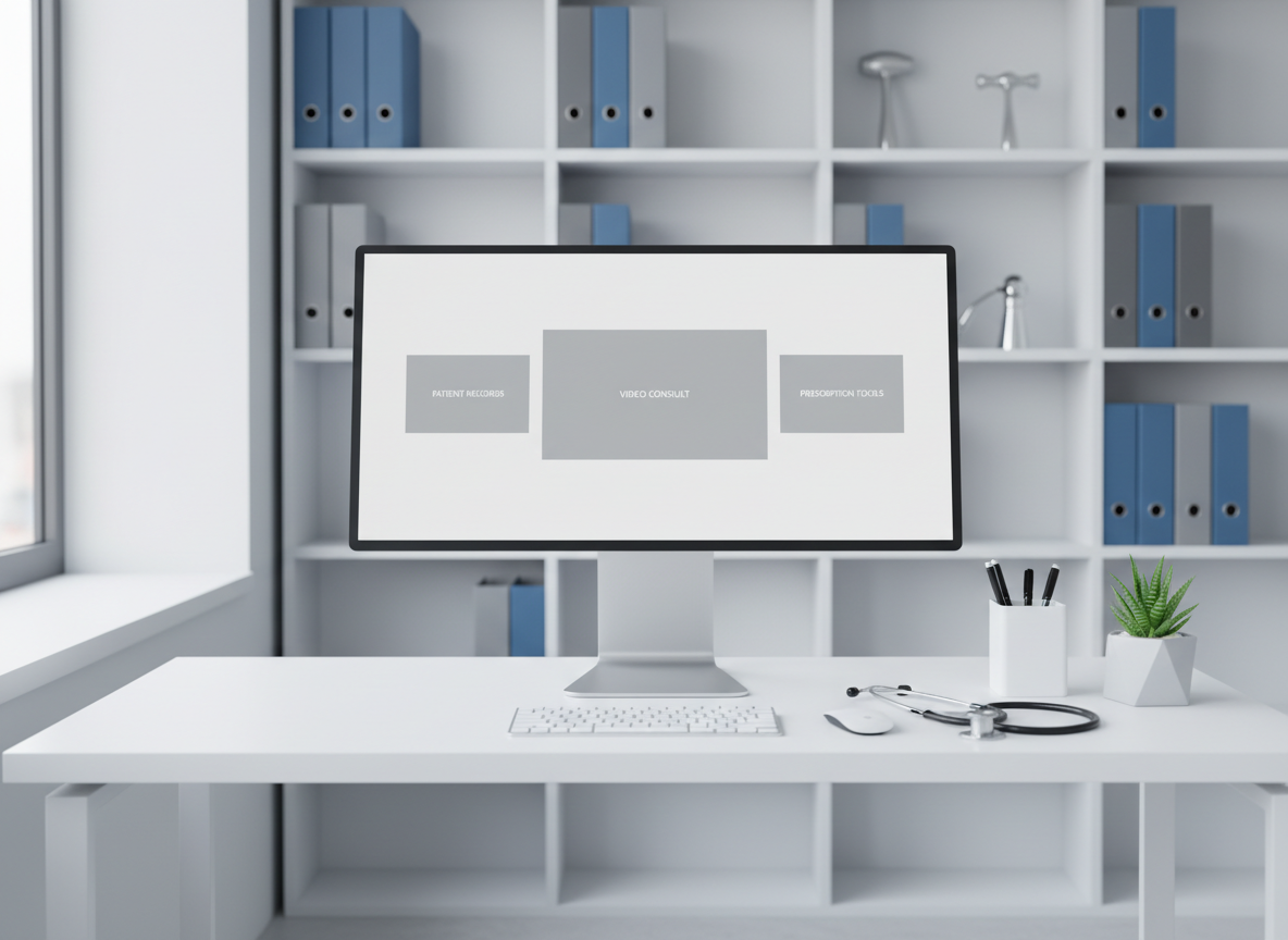 A calm, contemporary medical office corner without people, designed for telemedicine. A large, ultra-thin monitor on a white desk displays an elegant telehealth interface with placeholders for video, patient records, and prescription tools. A stethoscope rests neatly beside a wireless keyboard, with a ceramic cup holding pens and a small aloe plant at the edge of the desk. The background shows organized shelving with neatly arranged binders and subtle medical instruments, softly defocused. Gentle overhead and window light combine to create balanced, shadow-free illumination. Photographic realism, wide-angle eye-level shot with clean, symmetrical composition, communicating professionalism, organization, and high-quality remote medical care.