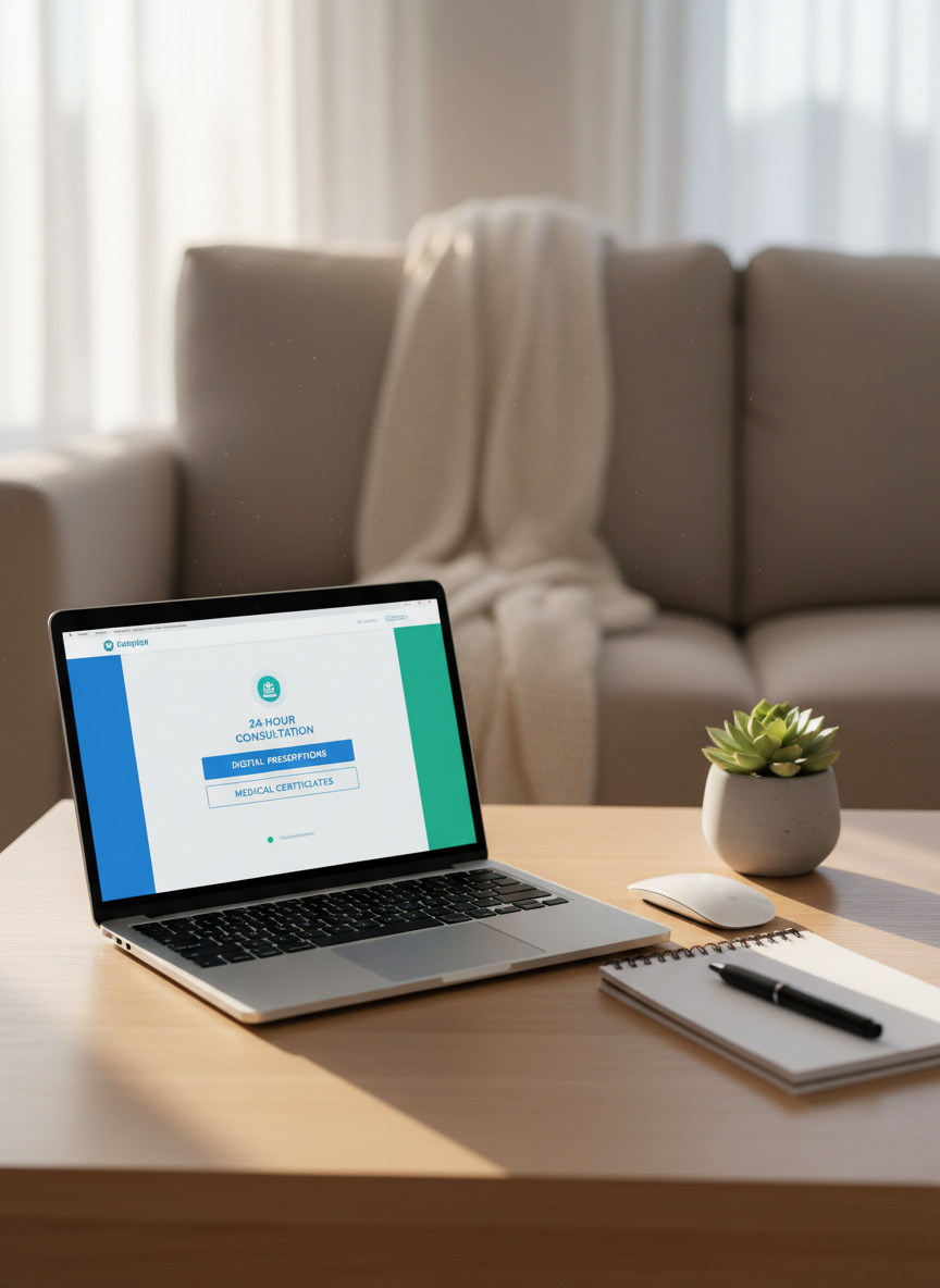 A refined home workspace featuring a slim laptop open on a light oak table, displaying a professional telehealth portal with intuitive buttons for 24-hour consultation, digital prescriptions, and medical certificates. Next to the laptop, a notepad with a pen, a wireless mouse, and a small potted succulent create an organized, welcoming environment. Behind, a neutral-colored sofa and a soft throw remain pleasantly blurred. Late-afternoon diffused sunlight enters from the side, creating warm, gentle shadows. Photographic realism with an eye-level, slightly wide composition, sharp focus on the laptop while the background falls into soft bokeh, expressing comfort, reliability, and continuous access to care.