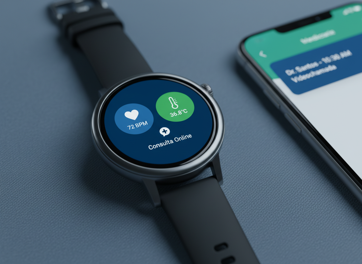 A detailed macro shot of a modern smartwatch on a smooth grey fabric surface, its bright OLED display showing health-monitoring icons such as heart rate, temperature, and a small teleconsultation symbol, all in a clean, Brazilian-inspired color scheme. Nearby, a neatly placed smartphone glows faintly with a telemedicine app notification. Cool, even studio lighting from above creates crisp reflections on the watch’s polished metal frame and a soft gradient shadow beneath it. Photographic realism, centered composition with shallow depth of field, highlighting the watch face in sharp focus and softly blurring the phone, conveying advanced, always-on digital health support integrated into daily life.