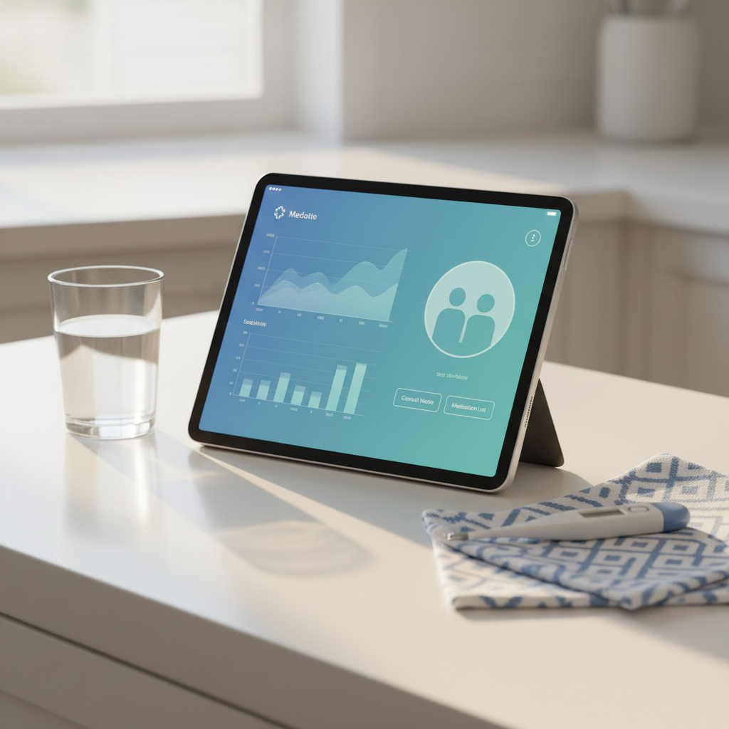 A close-up of a tablet propped upright on a clean white kitchen counter, showing a high-quality, anonymized medical interface with a calm blue-and-green color palette, clear charts, and a video-call window silhouette. A glass of water, a small digital thermometer, and a folded patterned dish towel add homely details around it. Morning light filters through an unseen window, casting soft highlights on the tablet’s slim metallic edges and gentle shadows on the counter. Photographic realism, shot from a three-quarter angle with rule-of-thirds composition, creating a reassuring, everyday setting that makes telemedicine feel familiar, secure, and trustworthy.