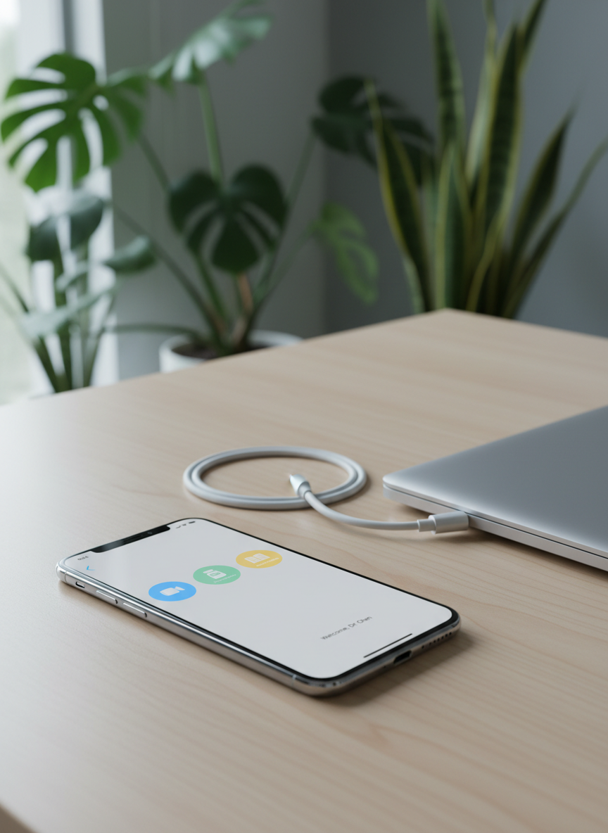A sleek, modern smartphone resting on a tidy light-wood desk, its screen displaying a clean, colorful telemedicine dashboard with simple icons suggesting video call, prescription, and medical history. Beside it lies a closed, minimalist laptop and a neatly coiled white charging cable. In the background, slightly out of focus, a few green indoor plants soften the scene. Soft daylight from a nearby window washes the space with a gentle, cool tone, creating subtle reflections on the phone’s glass surface. Photographic realism, eye-level composition with shallow depth of field, conveying accessibility, calm professionalism, and the idea of medical care literally in the palm of your hand.